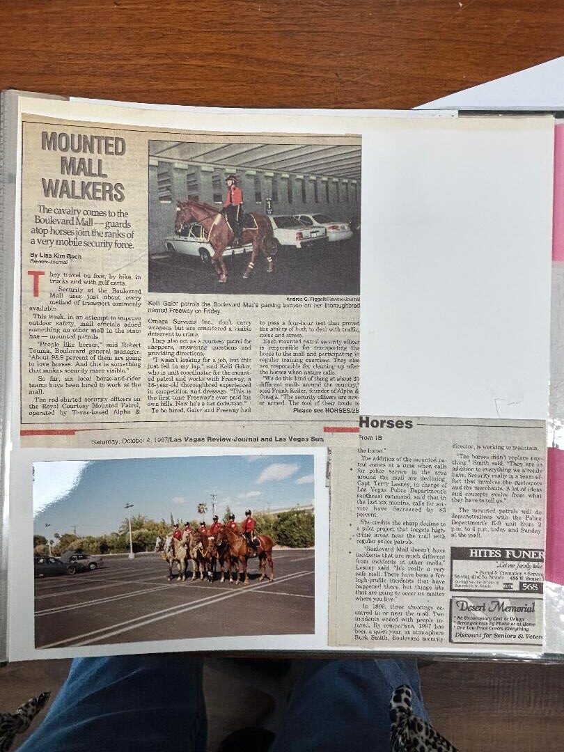 Newspaper feature about mounted security officers at Boulevard Mall in Las Vegas