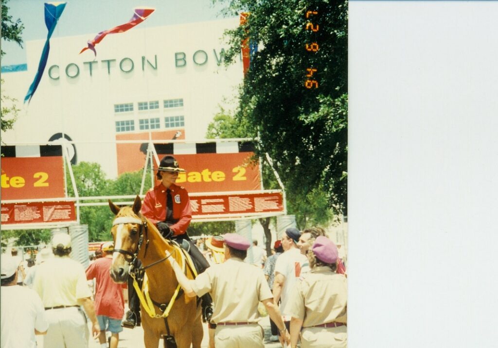 An A&O mounted Trooper patrols outside the Cotton Bowl during the 1994 FIFA World Cup