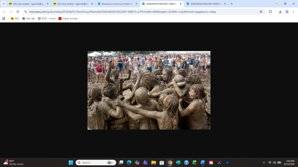 Festivalgoers covered in mud at Bonnaroo in 2004